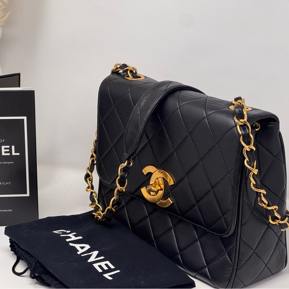 💯💎Authentic💎CHANEL Rare Black Lambskin XL CC Quilted Flap Bag 24k GP Hardware - Picture 3 of 13
